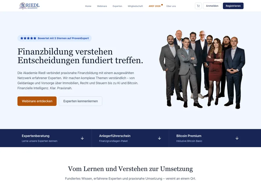 Akademie Riedl: Finanz-Lernplattform mit Kursen, Expertenberatung, Mitgliederbereich und Event-Tickets