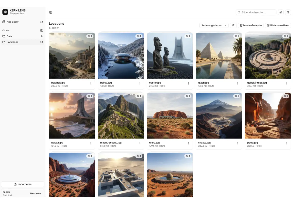 KERN Lens: Bildbibliothek mit Ordnern, Master-Prompt und optimierten Bildern